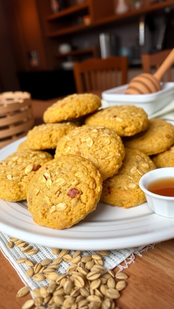 A plate of freshly baked oat cakes with honey and oats in a cozy kitchen.